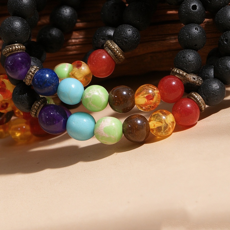 12pc Black Volcanic Stone Chakra Beaded Bracelet Set, Unisex
